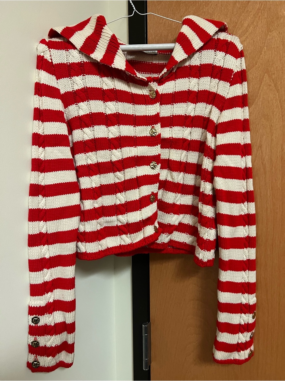 Zara Red and White Striped Hooded Knit Jacket